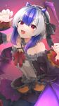  1girl absurdres bare_shoulders bat_wings commentary fang gunsou1350 halloween_costume head_wings highres horns looking_at_viewer multicolored_hair purple_hair red_eyes single_head_wing skin_fang solo tokiko_(touhou) touhou two-tone_hair white_hair wings 