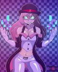  absurdres arms_up aura bare_shoulders belt black_headwear blue_eyes breasts brown_hair checkered_background cleavage cm_artist commentary corruption curious_cat_(rwby) dark_persona english_text evil_smile gloves glowing glowing_eyes hat highres looking_at_viewer midriff navel neckerchief neo_politan pants rwby signature slit_pupils smile strap watermark white_gloves 