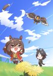  2girls absurdres ahoge animal_ears belt bird black_hair black_jacket black_pants black_thighhighs blush brown_hair chibi chokueji cloud cloudy_sky domino_mask ear_piercing ear_scrunchie el_condor_pasa_(umamusume) eye_mask feathers flower fuji_kiseki_(umamusume) grass hair_between_eyes highres horse_ears horse_girl horse_tail jacket long_sleeves mask multicolored_hair multiple_girls open_clothes open_jacket open_mouth pants piercing pleated_skirt shirt short_hair skirt sky smile streaked_hair tail thighhighs umamusume white_hair yellow_flower 