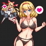  2girls alice_margatroid black_background black_bra black_dress black_panties blonde_hair blue_eyes blush bra breasts cleavage collarbone commentary_request cowboy_shot dress eaglov garter_straps groin hairband heart large_breasts lingerie long_hair looking_at_viewer multiple_girls navel open_mouth panties pixel_art red_hairband shanghai_doll short_hair simple_background spoken_heart touhou underwear variant_set 