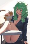  1girl arm_support ass blush breasts cat cleavage feet_on_table feet_out_of_frame green_eyes green_hair grey_background hand_up highres horns jacket knees_up leaning_back legs long_hair long_sleeves miniskirt nahia_(some1else45) no_bra no_shirt open_mouth original panties sidelocks skirt solo some1else45 table teeth thighs underwear upper_teeth_only upskirt white_panties 