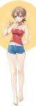  1girl aioi_yuuko arm_behind_back bare_legs barefoot blue_shorts blush breasts brown_eyes brown_hair casual commentary dolphin_shorts eating food full_body hair_between_eyes highres holding holding_food looking_to_the_side medium_breasts midriff_peek murata_tefu nichijou popsicle red_shirt shirt short_hair short_shorts shorts simple_background sleeveless solo standing tank_top twitter_username white_background yellow_background 