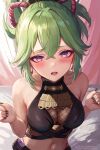  1girl bare_arms bare_shoulders blush breasts commentary crop_top curtains eyeshadow genshin_impact green_hair highres kuki_shinobu leonmandala looking_at_viewer makeup medium_breasts midriff navel open_mouth ponytail purple_eyes short_hair solo stomach stomach_tattoo tattoo upper_body 