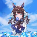  1girl animal_ears black_gloves blue_eyes blue_sky blush breasts closed_mouth cloud collared_shirt commentary_request daring_tact_(umamusume) flower gassan_aya gloves hair_between_eyes hair_ornament highres horse_ears horse_girl jacket long_sleeves looking_at_viewer medium_breasts medium_hair multicolored_hair outdoors portrait shirt sky smile solo star_(symbol) star_hair_ornament streaked_hair umamusume white_hair white_jacket wide_sleeves 