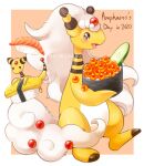  aimi_(aimia492) ampharos artist_name blush border brown_eyes character_name closed_mouth commentary_request cucumber cucumber_slice fish_(food) food gunkanmaki holding holding_food ikura_(food) mega_ampharos mega_pokemon nigirizushi no_humans open_mouth orange_background outside_border pokemon pokemon_(creature) simple_background smile sushi twitter_username white_border 