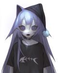  animal_ears black_shirt cat_ears collar fish_skeleton_print hair_ornament hat long_hair looking_at_viewer open_smile original pale_skin purple_eyes purple_hair ro47 shirt upper_body very_long_hair white_background 