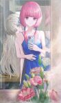  2girls absurdres alternate_costume arm_at_side bathroom behind_another blue_dress blue_eyes blunt_bangs bouquet closed_mouth dress flower grey_hair hair_flower hair_ornament hair_over_one_eye hair_over_shoulder hair_tubes hands_on_another&#039;s_waist highres holding holding_phone indoors isekai_joucho kaf_(kamitsubaki_studio) kamitsubaki_studio light_blush long_hair looking_at_mirror looking_at_viewer looking_to_the_side low_twintails mirror multicolored_eyes multiple_girls one_eye_covered open_mouth peeking_out phone pink_flower pink_hair pov red_eyes reflection rklslred2578 selfie sleeveless sleeveless_dress smile spaghetti_strap tile_wall tiles twintails virtual_youtuber water_drop wavy_hair white_flower yellow_pupils 