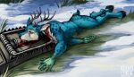  anthro antlers blood bodily_fluids corpse death decapitation deer gore hooves horn kiba_(kibanashote) kolkolukija lying male mammal mechanism pain solo 