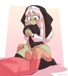  &lt;3 &lt;3_eyes big_breasts blush blush_lines borvar breasts brown_eyes clasped_hands duo facesitting female goblin green_body green_skin hair hi_res huge_thighs human humanoid looking_down male male/female mammal nun nun_outfit signature sitting_on_another text thick_thighs white_hair 