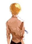 1other androgynous blonde_hair crystal_earrings earrings from_behind highres hunter_x_hunter jewelry kurapika mistu123409 shirt short_hair simple_background sleeves_rolled_up solo upper_body white_background white_shirt 