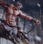  1boy abs aenaluck aiming arrow_(projectile) artist_name bandaged_arm bandages bara beard black_pants boots bow_(weapon) day facial_hair grey_hair highres holding holding_bow_(weapon) holding_weapon large_pectorals male_focus master_(aenaluck) muscular muscular_male navel nipples original outdoors pants pectorals short_hair snowing solo topless_male weapon 