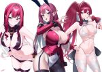  1girl animal_ears asymmetrical_legwear baobhan_sith_(fate) baobhan_sith_(second_ascension)_(fate) baobhan_sith_(swimsuit_pretender)_(fate) baobhan_sith_(swimsuit_pretender)_(third_ascension)_(fate) bare_shoulders belt between_breasts bikini blush breasts choker cleavage corset detached_collar detached_sleeves earrings fake_animal_ears fate/grand_order fate_(series) garter_straps grey_eyes hair_intakes highres jewelry kurozawa_yui large_breasts leaning_forward long_hair looking_at_viewer multiple_views nail_polish navel pantyhose pink_hair pointy_ears rabbit_ears side_ponytail sidelocks skindentation smile swimsuit thigh_strap thighhighs thighs undressing vambraces white_bikini white_thighhighs 