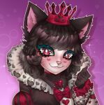  &lt;3 absurd_res anthro blush clothed clothing crown digital_media_(artwork) domestic_cat felid feline felis female hair headgear hi_res looking_at_viewer mammal mapplesfactory queen royalty simple_background smile solo 