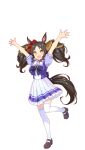  +_+ 1girl :d animal_ears arms_up black_hair bow bowtie brown_footwear fang frilled_skirt frills full_body hair_ornament hair_scrunchie highres horse_ears horse_girl horse_tail horseshoe_ornament leg_up looking_at_viewer marvelous_sunday_(umamusume) miniskirt official_art orange_eyes pleated_skirt puffy_short_sleeves puffy_sleeves purple_bow purple_bowtie purple_serafuku purple_shirt red_scrunchie sailor_collar sailor_shirt school_uniform scrunchie serafuku shirt short_sleeves skin_fang skirt smile solo standing summer_uniform tachi-e tail thighhighs tracen_school_uniform transparent_background twintails umamusume white_bow white_skirt white_thighhighs zettai_ryouiki 