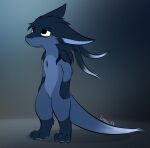  anthro biped blank_stare blue_body blue_fur blue_hair chibi claws dragon fur furred_dragon giru giru_(artist) hair horn long_hair male multi_tone_fur sad solo standing tired 