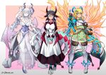  3girls apron black_hair blonde_hair blue_eyes braid breasts cleavage crown_braid demon_girl demon_horns demon_wings dragon_girl dragon_horns dragon_tail dragon_wings dress duel_monster epaulettes exosister_elis exosister_mikailis glasses gloves green_eyes grey_eyes hair_ornament highres holding horns house_dragonmaid jarckius lace-trimmed_apron lace_trim large_breasts leotard leotard_under_clothes long_hair long_sleeves looking_at_viewer lovely_labrynth_of_the_silver_castle low_wings maid maid_apron maid_headdress multiple_girls multiple_wings pink_hair pointy_ears smile spread_cleavage star_(symbol) star_hair_ornament tail thighhighs transparent_wings twintails white_hair white_horns wings yu-gi-oh! yu-gi-oh!_master_duel 