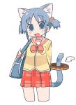  1girl animal_ear_fluff animal_ears arm_behind_back bag blue_bag blue_eyes blue_hair blush breast_pocket buttergirl_02 cat_ears cat_girl cat_tail commentary cowboy_shot cropped_legs cube_hair_ornament doughnut food hair_ornament holding_strap kemonomimi_mode long_sleeves looking_at_viewer miniskirt naganohara_mio nichijou open_mouth plaid plaid_skirt pleated_skirt pocket red_skirt sailor_collar school_bag school_uniform shirt short_hair short_twintails shoulder_bag sidelocks simple_background skirt solo tail twintails white_background yellow_shirt 
