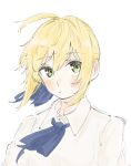  1girl ahoge artoria_pendragon_(fate) blonde_hair blue_ribbon blush collared_shirt expressionless fate/stay_night fate_(series) green_eyes hair_ribbon highres looking_at_viewer neck_ribbon parted_lips ribbon saber shirt sidelocks simple_background sketch solo tenoo12 upper_body white_background white_shirt wind 