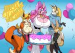  big_breasts birthday_cake blonde_hair breast_size_difference breasts cake canid canine denisse dessert eyewear female food fur glasses group hair hi_res huge_breasts jludragoon larger_female male mammal pink_body pink_fur size_difference smaller_male 