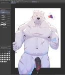  2023 anthro bear belly big_penis bodily_fluids border breaking_the_fourth_wall clip_studio_paint condom darkened_genitalia darkened_penis digital_drawing_(artwork) digital_media_(artwork) english_text front_view fur genital_fluids genitals half-erect hi_res holding_condom holding_object kajin-sama lewd_symbolism looking_aside male mammal musclegut muscular muscular_male nude outside_border outside_panel pecs penis pictographics polar_(kajin-sama) polar_bear portrait precum scars_all_over sexual_barrier_device solo text three-quarter_portrait ursine user_interface white_body white_fur 