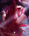  1girl 2021 armlet arms_up artist_logo artist_name bare_shoulders big_hair black_gloves chain circlet diadem elbow_gloves from_behind gloves gorget hand_in_own_hair hands_on_own_head high_ponytail highres lights long_bangs long_hair looking_down ponytail pyrrha_nikos red_hair ridd-li rwby sidelocks solo straight_hair strapless tiara tying upper_body 