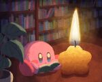 blue_eyes blush_stickers book bookshelf candle closed_mouth fire holding holding_book indoors kirby kirby_(series) library miclot no_humans pink_footwear plant potted_plant shoes sitting 