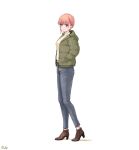  1girl brown_footwear denim down_jacket full_body go-toubun_no_hanayome green_jacket hands_in_pockets high_heels highres hood hooded_jacket jacket jeans looking_at_viewer nakano_ichika open_clothes open_jacket pants pink_hair purple_eyes ricky_(haye4843) short_hair signature simple_background smile solo standing sweater turtleneck turtleneck_sweater white_background yellow_sweater 