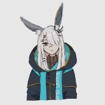  1girl alternate_universe animal_ear_fluff animal_ears arknights black_jacket brown_sweater clothes_writing cropped_torso ear_ornament frostnova_(arknights) grey_eyes grey_hair hair_ornament hair_over_one_eye hairclip hood hood_down hooded_jacket jacket long_hair looking_at_viewer one_eye_covered rabbit_ears rabbit_girl ribbed_sweater ruozhe scar scar_on_face scar_on_nose simple_background solo sweater upper_body white_background 