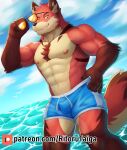  abs anthro areola biceps bulge canid canine clothed clothing countershade_face countershade_fur countershade_neck countershade_tail countershade_torso countershading fur hi_res kemo_coliseum lambert_(kemo_coliseum) male mammal muscular muscular_anthro muscular_male nipples pecs red_body red_fur ritorutaiga solo tail topless topless_anthro topless_male 