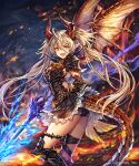  1girl ahoge black_gloves copyright_name dragon_girl dragon_horns dragon_tail dragon_wings fang from_side gloves hair_between_eyes highres holding holding_sword holding_weapon horns light_brown_hair long_hair looking_at_viewer madogawa official_art pointy_ears shadowverse solo standing sword tail twintails weapon wings yellow_eyes 