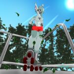  absurd_res anthro bottomwear clothed clothing feet felid feline female hi_res hotpants lynx mainarts mammal paws plant roller_skates shorts solo sunny toes topless tree 