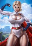  1girl artist_name belt blonde_hair blue_eyes blue_gloves blurry blurry_background breasts cape cityscape cleavage cleavage_cutout clothing_cutout cloud covered_abs cowboy_shot dandon_fuga dc_comics flexing gloves hand_on_own_hip highleg highleg_leotard large_breasts leotard muscular muscular_female paid_reward_available partially_fingerless_gloves power_girl red_belt red_cape short_hair sky solo turtleneck_leotard white_leotard 