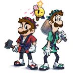  1other 2boys alternate_costume black_pants brothers brown_hair facial_hair flower full_body gloves green_shirt hammer highres holding holding_hammer holding_mallet japanese_clothes looking_at_viewer luigi mallet mari_luijiroh mario mario_&amp;_luigi_rpg mario_(series) masanori_sato_(style) multiple_boys mustache one_eye_closed pants pink_flower red_shirt shirt short_hair short_sleeves siblings simple_background socks starlow white_background white_gloves white_socks 