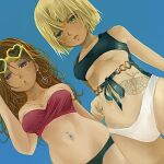  2girls aqua_bikini arm_behind_back bare_shoulders bikini blonde_hair blue_background blue_one-piece_swimsuit breasts brown_eyes brown_hair bug chin_piercing closed_mouth collarbone dutch_angle earrings eyelashes eyewear_on_head fingernails gold_necklace green_eyes hair_between_eyes hand_up heart heart-shaped_eyewear jewelry konnyakutarooou long_hair looking_at_viewer medium_breasts mismatched_bikini mole mole_on_cheek mole_on_chest moth multicolored_nails multiple_girls multiple_moles nail_polish navel navel_piercing necklace one-piece_swimsuit original piercing pursed_lips red_bikini red_lips short_hair single_earring stomach_tattoo strapless strapless_bikini sunglasses swimsuit tattoo two-tone_swimsuit underboob white_one-piece_swimsuit yellow-framed_eyewear yellow_nails 