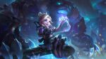  1girl absurdres aurora blonde_hair blue_eyes closed_mouth highres holding holding_stuffed_toy league_of_legends looking_ahead magic night night_sky official_alternate_costume official_alternate_hairstyle official_art outdoors sidelocks sitting sky smile snowflakes snowing solo stuffed_toy tibbers winterblessed_annie 