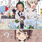  1boy 3girls arven_(pokemon) black_hair black_vest blue_hair blush brown_eyes brown_hair closed_eyes crying dark-skinned_female dark_skin freckles glasses green_hair grey_eyes hair_over_one_eye haruhashi highres light_brown_hair long_hair multicolored_hair multiple_girls necktie nemona_(pokemon) official_alternate_hairstyle ogerpon open_mouth penny_(pokemon) pokemon pokemon_(creature) pokemon_(game) pokemon_sv ponytail red_hair red_necktie round_eyewear school_uniform shirt short_hair side_ponytail smile streaked_hair two-tone_hair umbreon uva_academy_school_uniform vest yanma yellow_vest 