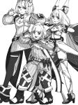  3girls age_progression animal_ears boots cat_ears chest_jewel chin_bell dagger ear_covers facial_mark fangs greyscale highres knife leotard long_hair low_twintails monochrome multiple_girls multiple_persona nia_(blade)_(xenoblade) nia_(xenoblade) pantyhose short_hair smile twintails very_long_hair weapon whisker_markings xenoblade_chronicles_(series) xenoblade_chronicles_2 xenoblade_chronicles_3 