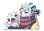  1boy aqua_eyes aqua_hair blue_mittens blue_scarf blush bubble cetoddle commentary_request eyelashes grusha_(pokemon) highres holding holding_pokemon jacket male_focus pe_cippe pokemon pokemon_(creature) pokemon_(game) pokemon_sv scarf scarf_over_mouth striped striped_scarf white_background yellow_jacket 