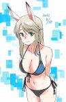  1girl animal_ears arms_behind_back artist_name bikini black_bikini black_bikini_bottom blonde_hair blue_bikini breasts bronislava_feoktistovna_safonov cleavage cowboy_shot dated green_eyes groin halterneck highres large_breasts leaning_forward long_hair looking_at_viewer monokuro_graf multicolored_bikini multicolored_clothes navel rabbit_tail side-tie_bikini_bottom smile solo swimsuit tail thighs world_witches_series 