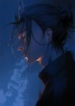  1boy absurdres black_jacket ear_piercing from_side getou_suguru hair_bun hair_pulled_back highres jacket jujutsu_kaisen nthndn piercing plug_(piercing) single_hair_bun solo water 