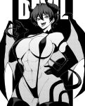  1girl abs absurdres bare_shoulders breasts commentary demon_girl demon_wings ear_piercing elbow_gloves gloves hand_on_own_hip hand_up highres horns large_breasts looking_at_viewer monochrome muscular muscular_female navel open_mouth original piercing sharp_teeth short_hair slingshot_swimsuit smile solo swimsuit tail teeth thighhighs tongue tongue_out wings yones81239278 
