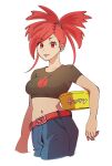  1girl belt breasts closed_mouth collarbone commentary_request cowboy_shot denim eyelashes flannery_(pokemon) highres holding jeans looking_at_viewer midriff navel osg_pk pants pokemon pokemon_(game) pokemon_rse ponytail red_belt red_eyes red_hair shirt short_sleeves smile solo white_background 