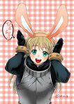  1girl animal_ears armor artist_request blonde_hair blue_eyes cecile_(suikoden) dated fake_animal_ears gensou_suikoden gensou_suikoden_iii gloves hair_ribbon highres jewelry long_hair looking_at_viewer open_mouth rabbit_ears red_ribbon ribbon smile solo 