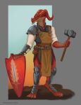  anthro armor claws clothed clothing digital_media_(artwork) hammer headgear hi_res holding_object horn kobold male melee_weapon mordorinka red_body red_scales scales scalie shield simple_background solo tools weapon 