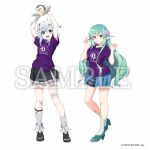  2girls bandaged_arm bandages black_skirt blue_eyes blue_hair fang finana_ryugu fins flower full_body green_footwear green_hair grey_hair hair_flower hair_ornament head_fins kanbe_piroshiki multicolored_hair multiple_girls neck_tattoo nijisanji nijisanji_en official_art open_mouth penguin_hair_ornament purple_eyes purple_flower purple_shirt sample_watermark shirt shorts skirt smile socks streaked_hair t-shirt tattoo virtuareal watermark white_socks yua_(virtuareal) 