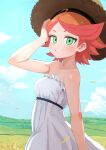  1girl amanda_o&#039;neill cloud day domdom dress green_eyes hat little_witch_academia medium_hair orange_hair outdoors red_hair sky solo strapless strapless_dress straw_hat white_dress 