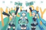  39 3girls :d ? armpits arms_up bangs blue_eyes closed_eyes collared_shirt detached_sleeves digiral green_hair hair_ornament hand_up hatsune_miku headphones highres holding holding_sign long_hair long_sleeves miku_day multiple_girls multiple_persona necktie open_mouth pleated_skirt shirt sign skirt sleeveless sleeveless_shirt smile thighhighs twintails very_long_hair vocaloid 
