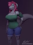  3d_(artwork) anthro blender_(software) bottomwear clothed clothing digital_media_(artwork) female fish hi_res hiddenmask18 lidded_eyes long_tail marine scalie shark shirt shorts solo tail topwear 