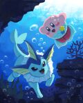  air_bubble blue_eyes blush_stickers bubble coral fins highres kirby kirby_(series) miclot neck_ruff nintendo no_humans open_mouth pink_footwear pokemon pokemon_(creature) rock shoes smile underwater vaporeon 