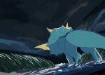  animal_focus blue_sky cloud commentary dutch_angle from_behind full_body grass highres night no_humans outdoors pawpads pokemon pokemon_(creature) sky solo standing takashi_(pixiv_80298118) vaporeon walking water 